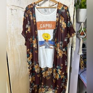 Capri Graphic Tee with Floral Kimono Overlay - White & Brown